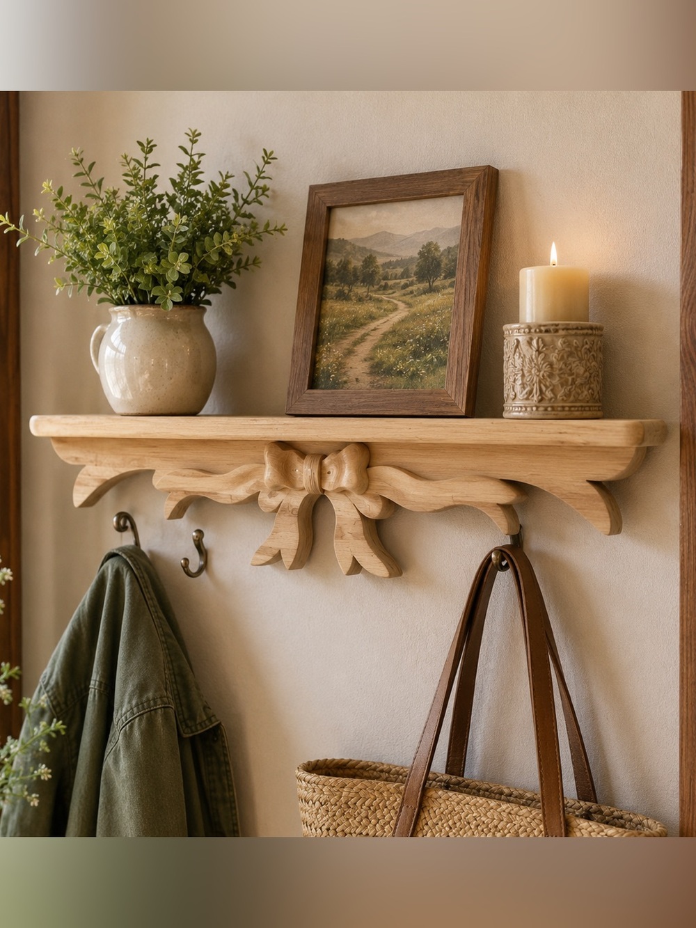 Handmade Wooden Wall Shelf Bow Scrollwork Country Cottage Display Shelf